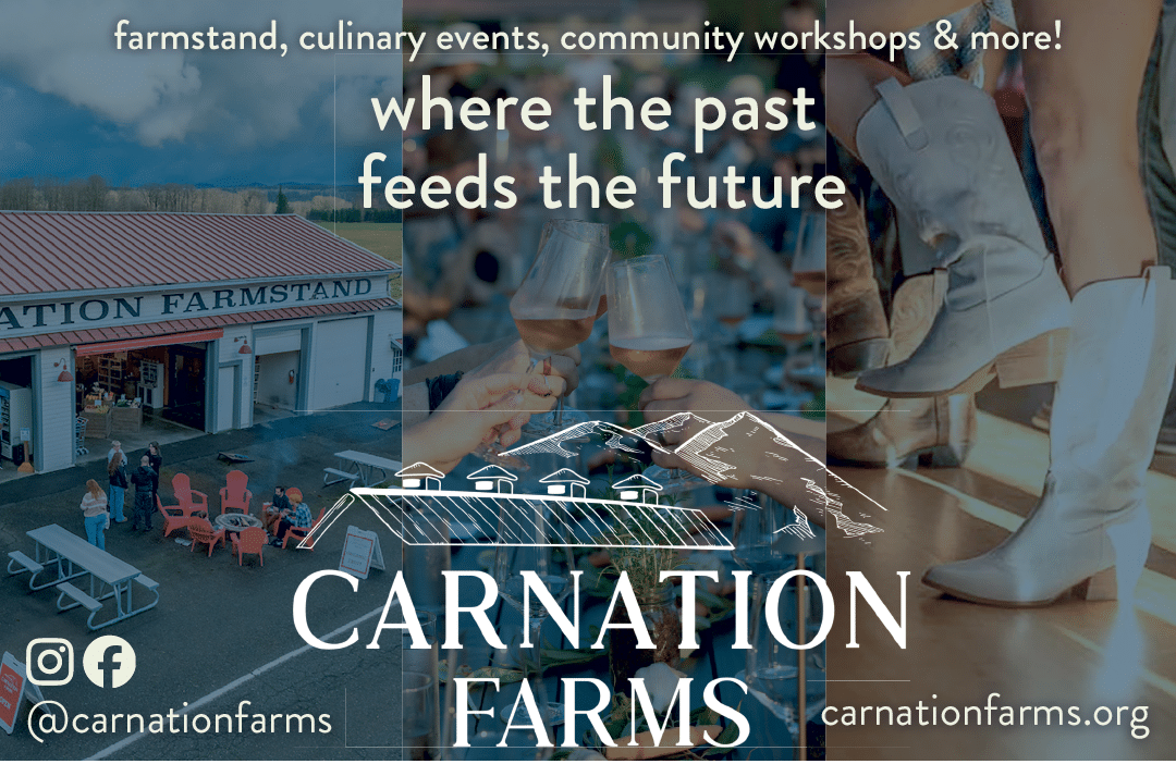 A poster advertising Carnation Farms, a farm stand and restaurant, with a focus on community events and workshops. AI generated content