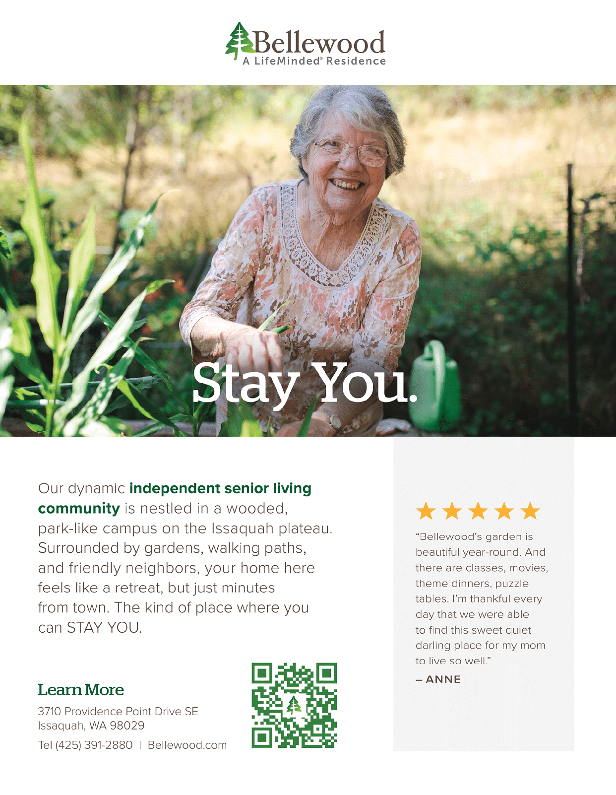 A woman is smiling in a garden, holding a watering can. The image is a promotional advertisement for a senior living community. AI generated content