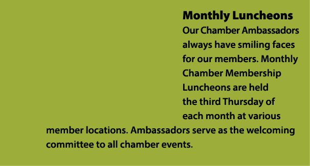 Monthly Luncheons Our Chamber Ambassadors always have smiling faces for our members. Monthly Chamber Membership Lunch...