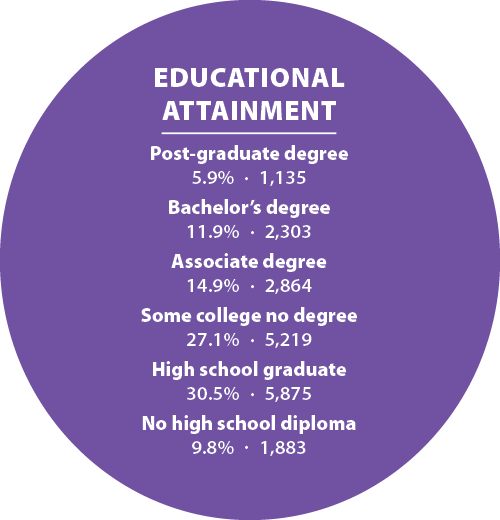 Educational attainment Post graduate degree 5.9% · 1,135 Bachelor’s degree 11.9% · 2,303 Associate degree 14.9% · 2,8...
