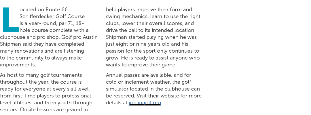 Located on Route 66, Schifferdecker Golf Course is a year round, par 71, 18 hole course complete with a clubhouse and...