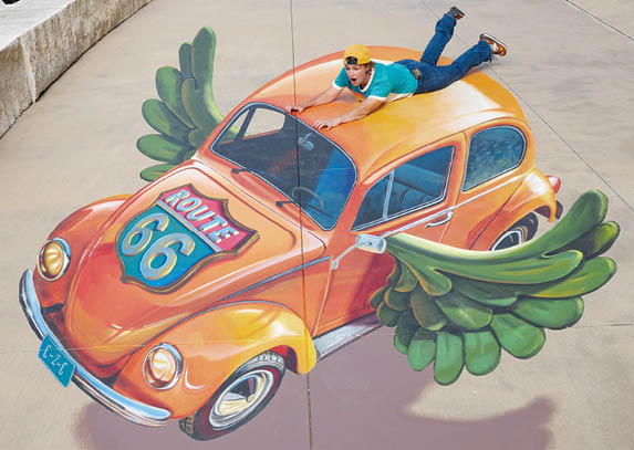 A man is lying on a sidewalk with a painting of a car on his back. AI generated content