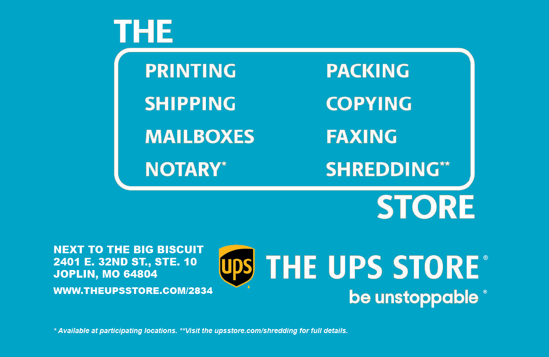 A blue sign advertises the UPS Store, offering various services such as printing, packing, shipping, and copying. AI generated content
