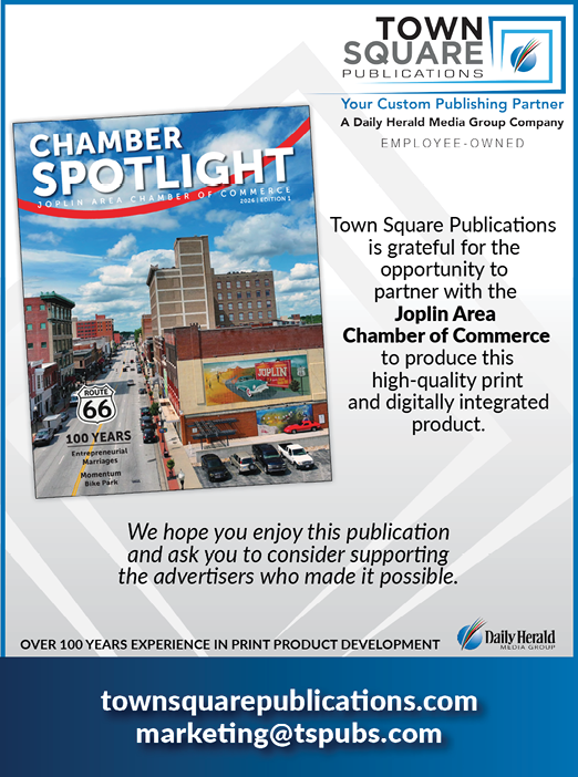 A flyer for Chamber Spotlight, a publication of Town Square Publications, featuring a picture of a city street and a building. AI generated content