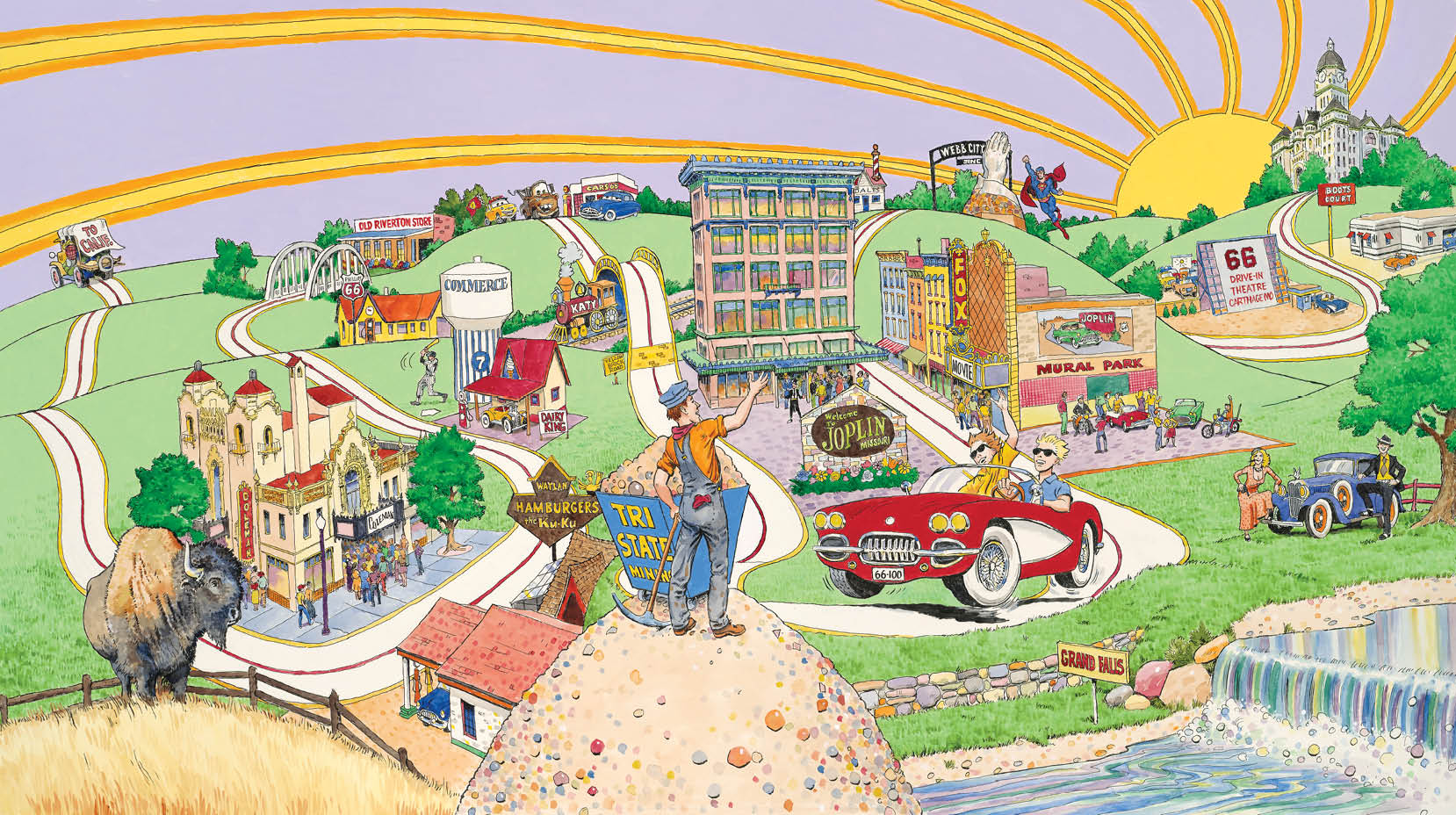 A colorful cartoon depicts a town with various vehicles, including cars, trucks, and buses. There are also people and animals in the scene, such as horses and cows. The town is situated near a body of water, and the sky is filled with sunlight. The image is reminiscent of a children's storybook, with a whimsical and imaginative atmosphere. AI generated content