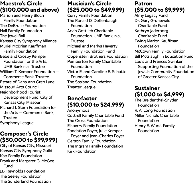 Maestro’s Circle ($100,000 and above) Marion and Henry Bloch Family Foundation The DeBruce Foundation Hall Family Fou...