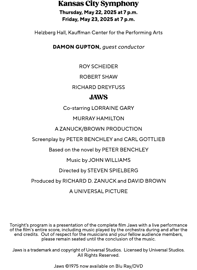Kansas City Symphony Thursday, May 22, 2025 at 7 p.m. Friday, May 23, 2025 at 7 p.m. Helzberg Hall, Kauffman Center f...