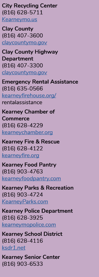 City Recycling Center (816) 628-5711 Kearneymo.us Clay County (816) 407-3600 claycountymo.gov Clay County Highway Dep...