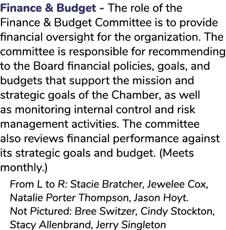 Finance & Budget The role of the Finance & Budget Committee is to provide financial oversight for the organization. T...
