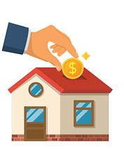 Man invests money in the house. Home is like a piggy bank. Vector illustration flat design. Isolated on white background. Coin in hand for the purchase of real estate. Construction financing.