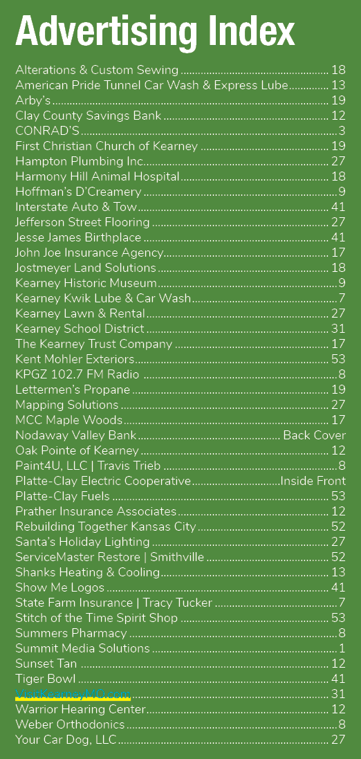 Advertising Index Alterations & Custom Sewing 18 American Pride Tunnel Car Wash & Express Lube 13 Arby’s 19 Clay Coun...