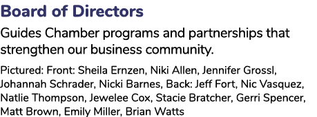 Board of Directors Guides Chamber programs and partnerships that strengthen our business community. Pictured: Front: ...