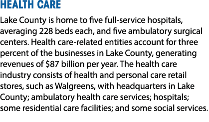 HEALTH CARE Lake County is home to five full service hospitals, averaging 228 beds each, and five ambulatory surgical...