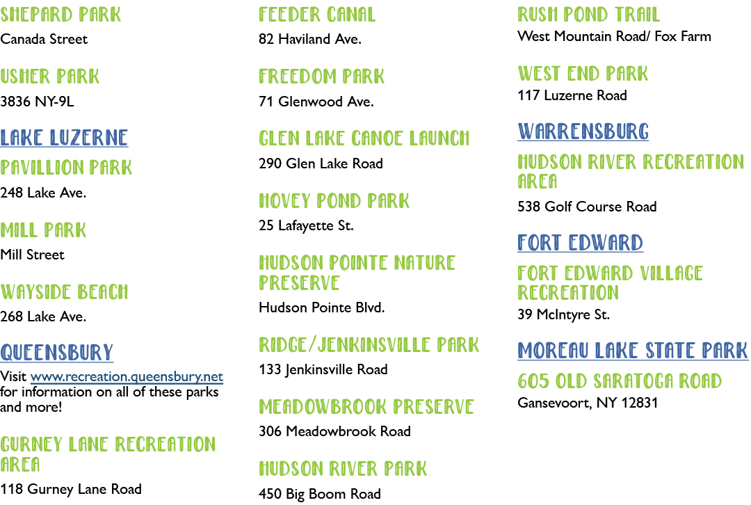 Shepard Park Canada Street Usher Park 3836 NY-9L Lake Luzerne Pavillion Park 248 Lake Ave. Mill Park Mill Street Ways...