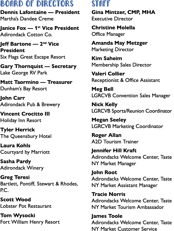 BOARD OF DIRECTORS Dennis Lafontaine — President Martha’s Dandee Creme Janice Fox — 1st Vice President Adirondack Cot...