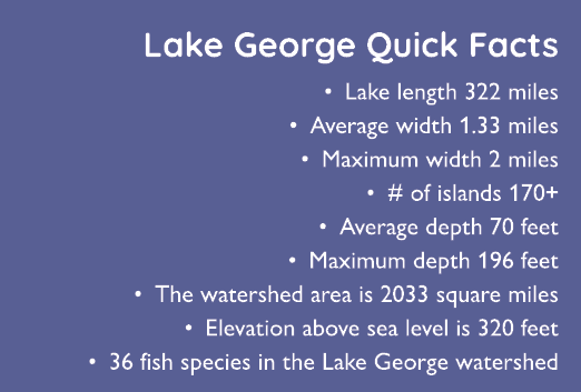 Lake George Quick Facts • Lake length 322 miles • Average width 1.33 miles • Maximum width 2 miles • # of islands 170...