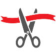 Scissors cutting red ribbon. Tape and scissors.
