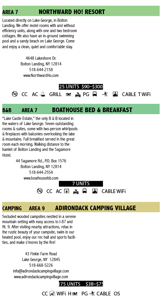  Area 7     Northward Ho  Resort  Located directly on Lake George, in Bolton Landing  We offer motel rooms with and w   