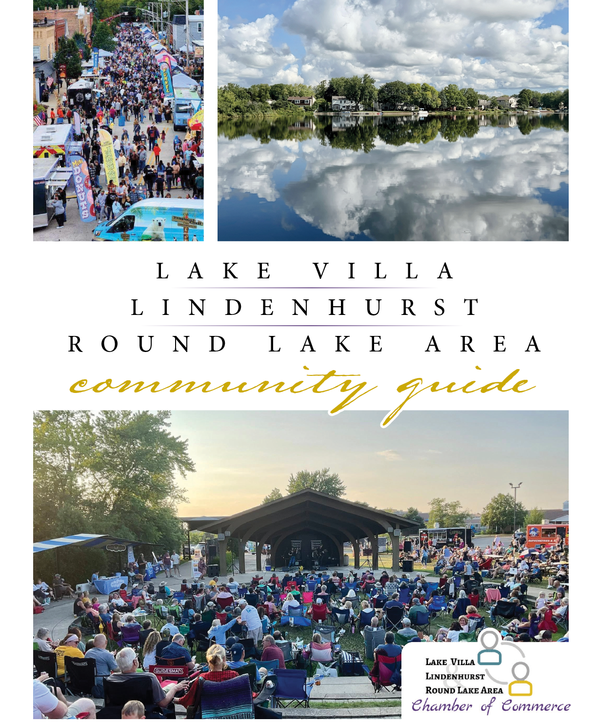A community guide to Lake Villa, Illinois, featuring a round lake area and a large crowd of people. AI generated content