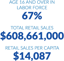 Age 16 and over in labor force 67% Total retail sales $608,661,000 Retail sales per capita $14,087