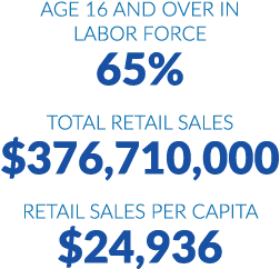 Age 16 and over in labor force 65% Total retail sales $376,710,000 Retail sales per capita $24,936