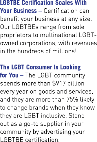LGBTBE Certification Scales With Your Business – Certification can benefit your business at any size. Our LGBTBEs ran...