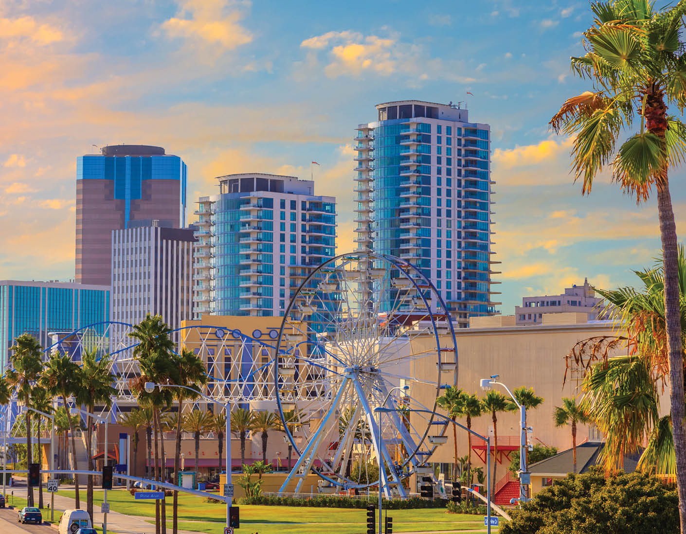 Long Beach downtown district known as The Pike and historic Ferris Wheel , CA