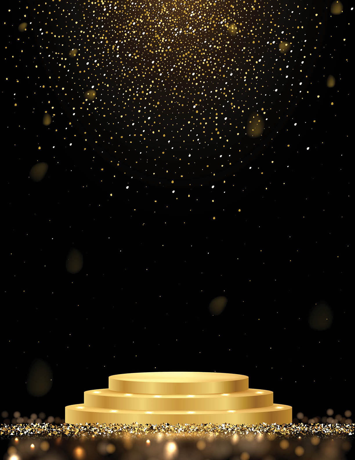 Golden award round podium with shiny glitter and sparkles isolated on dark background. Vector realistic illustration of symbol of victory, achievement of success, rewarding of winner