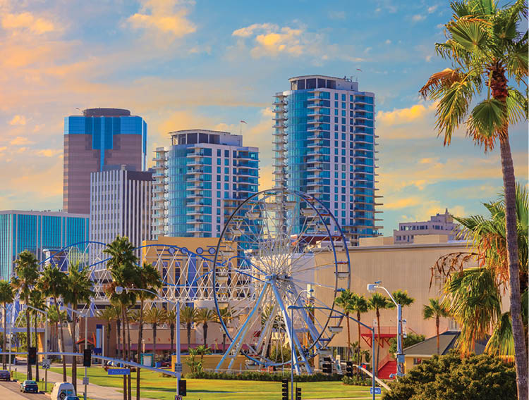Long Beach downtown district known as The Pike and historic Ferris Wheel , CA
