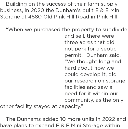 Building on the success of their farm supply business, in 2020 the Dunham’s built E & E Mini Storage at 4580 Old Pink...