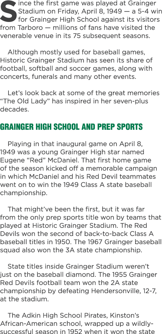Since the first game was played at Grainger Stadium on Friday, April 8, 1949 — a 5 4 win for Grainger High School aga...