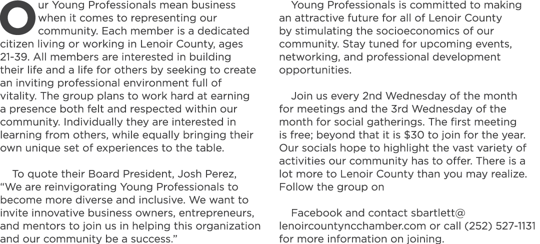 Our Young Professionals mean business when it comes to representing our community. Each member is a dedicated citizen...