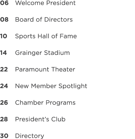 06 Welcome President 08 Board of Directors 10 Sports Hall of Fame 14 Grainger Stadium 22 Paramount Theater 24 New Mem...