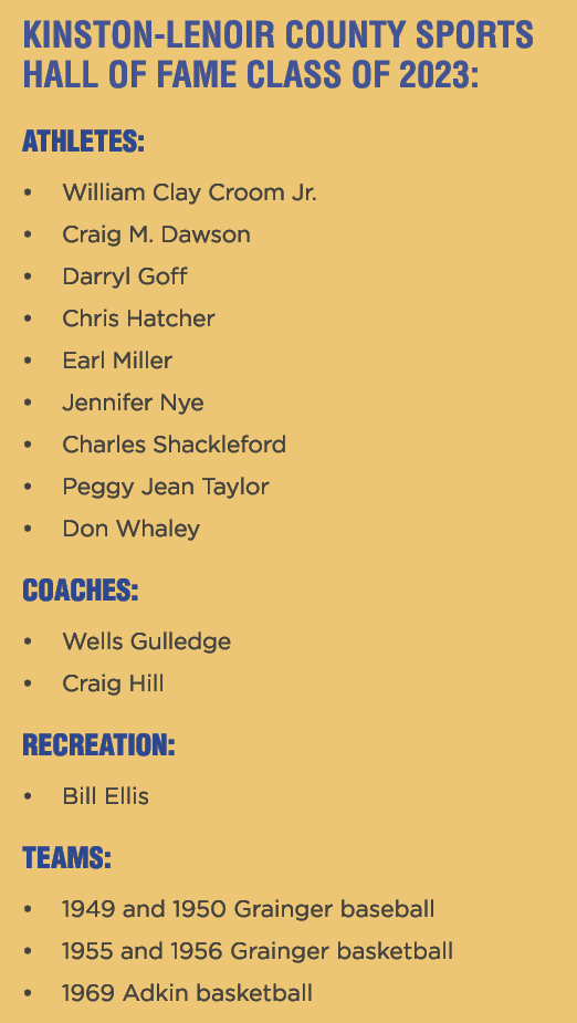 Kinston Lenoir County Sports Hall of Fame Class of 2023: ATHLETES: • William Clay Croom Jr. • Craig M. Dawson • Darry...