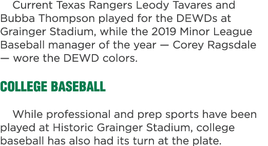 Current Texas Rangers Leody Tavares and Bubba Thompson played for the DEWDs at Grainger Stadium, while the 2019 Minor...
