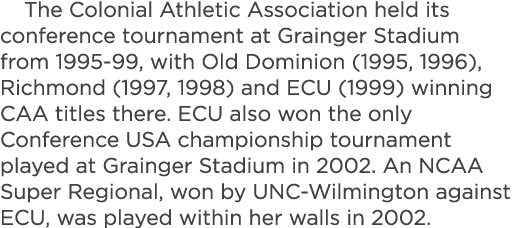The Colonial Athletic Association held its conference tournament at Grainger Stadium from 1995 99, with Old Dominion ...