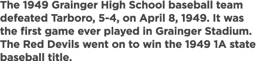 The 1949 Grainger High School baseball team defeated Tarboro, 5 4, on April 8, 1949. It was the first game ever playe...