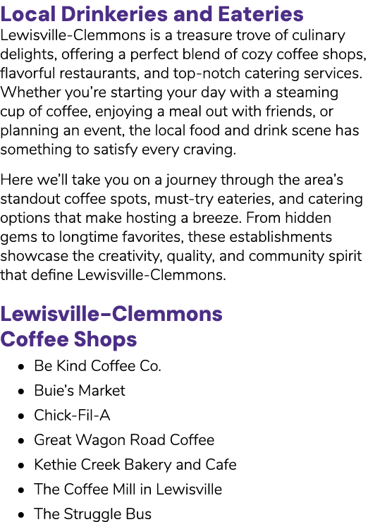 Local Drinkeries and Eateries Lewisville Clemmons is a treasure trove of culinary delights, offering a perfect blend ...