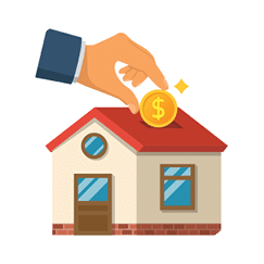 Man invests money in the house. Home is like a piggy bank. Vector illustration flat design. Isolated on white background. Coin in hand for the purchase of real estate. Construction financing.