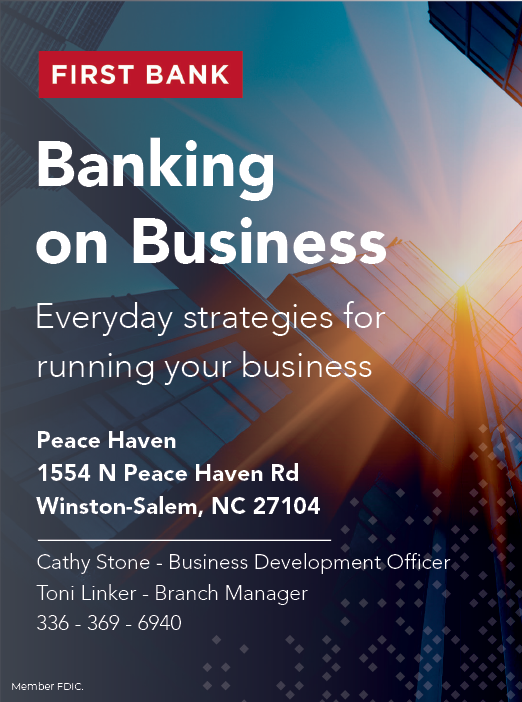 A flyer for First Bank of North Carolina features a business card for Cathy Stone, Business Development Officer. AI generated content