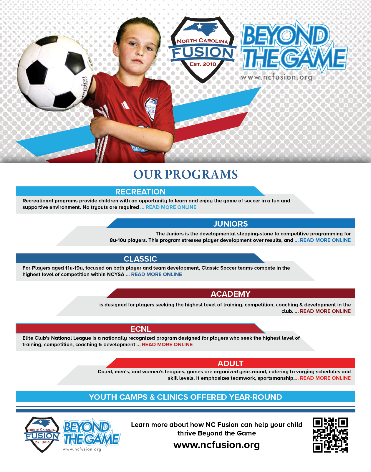 A boy is holding a soccer ball on a poster advertising a soccer program. AI generated content
