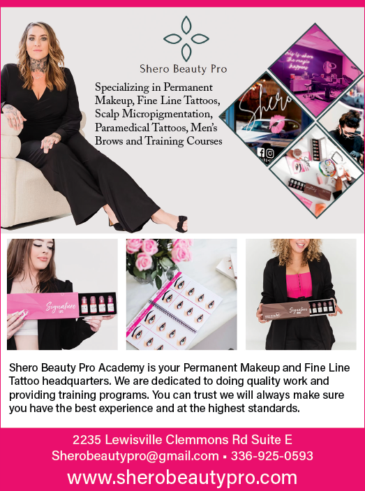 A woman is sitting on a couch in front of a pink sign. The sign is advertising a beauty school. AI generated content