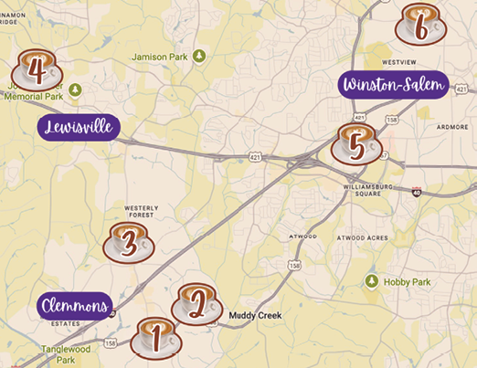 A map of the area around Winston Salem, North Carolina with various points of interest labeled. AI generated content