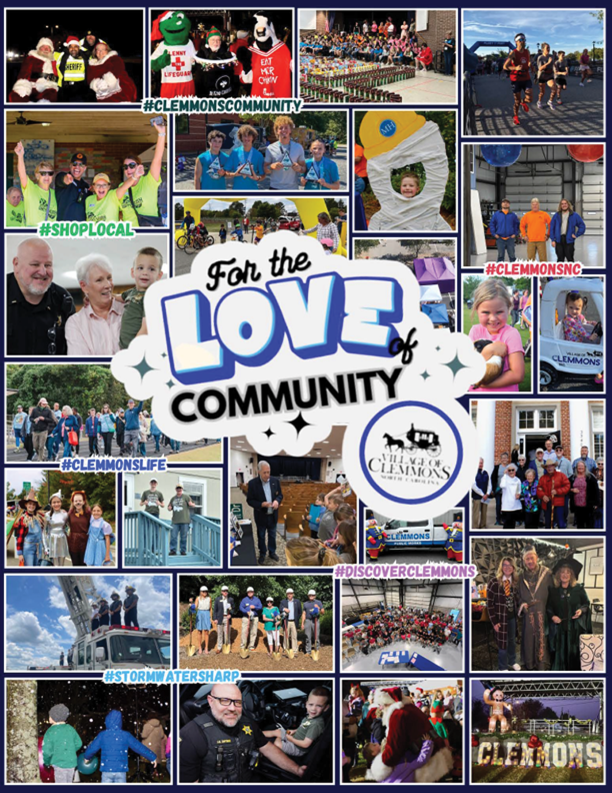 A collage of photos featuring people and a dog, with the words “For the Love of Community" written in blue. AI generated content