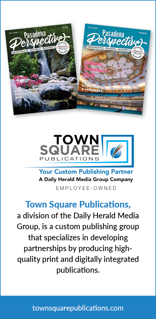 Two books are displayed, one titled “Perspective" and the other "Town Square Publications". The books are being advertised as a custom publishing partner. AI generated content