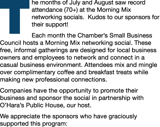 The months of July and August saw record attendance (70+) at the Morning Mix networking socials. Kudos to our sponsor...