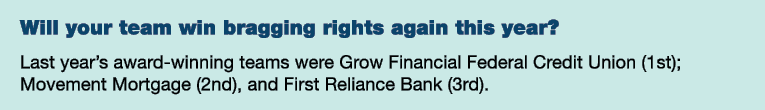 Will your team win bragging rights again this year? Last year’s award winning teams were Grow Financial Federal Credi...