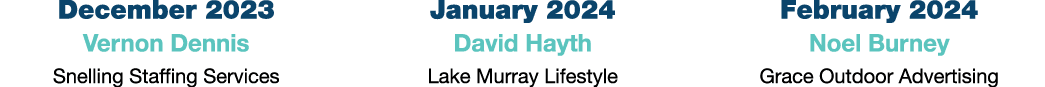 December 2023 Vernon Dennis Snelling Staffing Services January 2024 David Hayth Lake Murray Lifestyle February 2024 N...