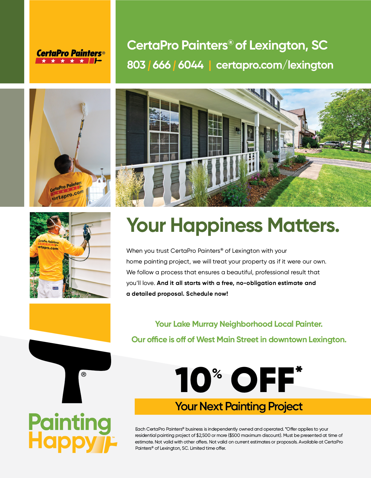 A painting company advertisement with a man holding a paint roller. Description generated by AI