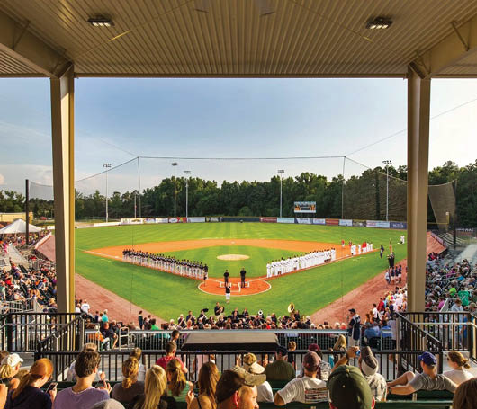 A large group of people are sitting in the stands of a baseball field. Description generated by AI